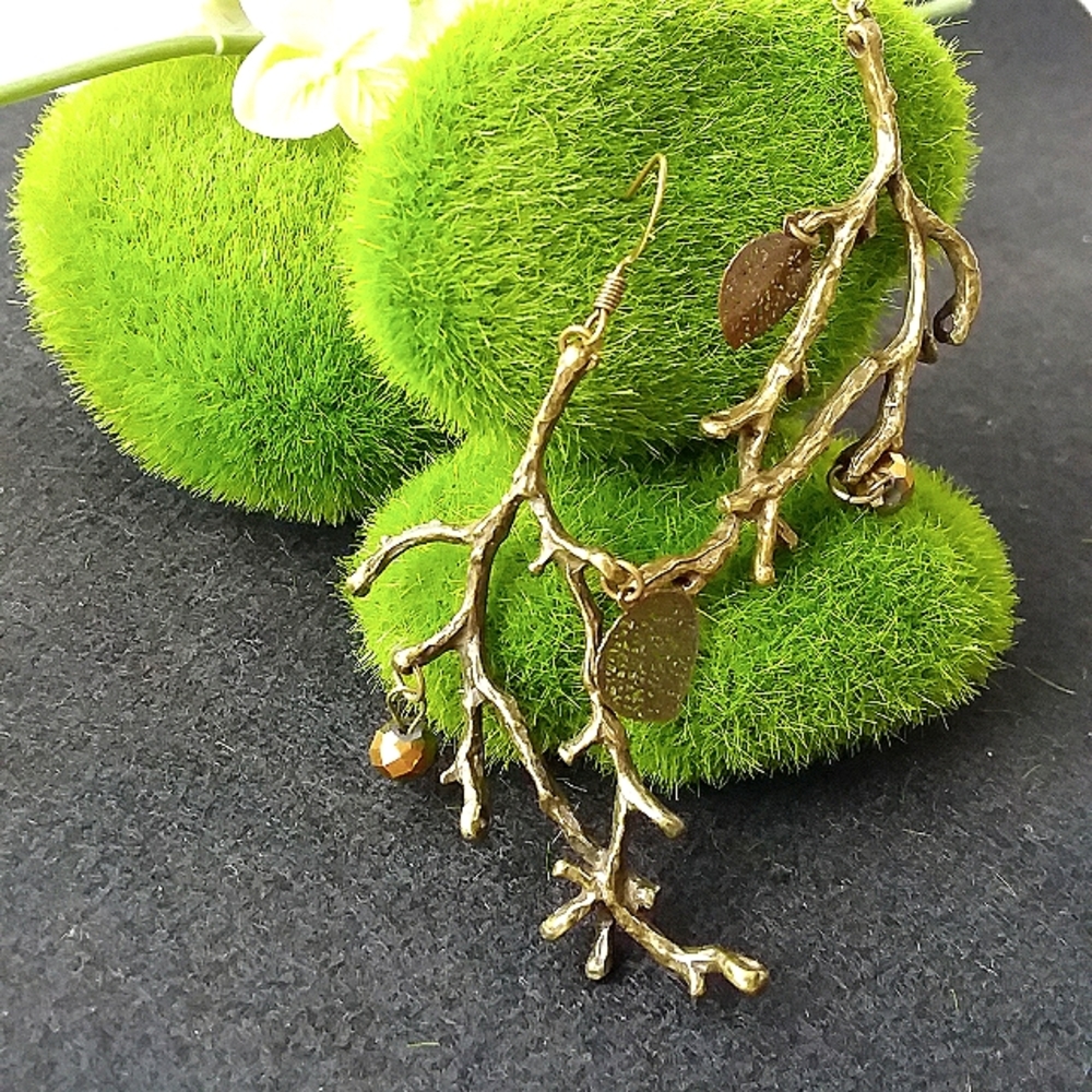 Tree nature bronze beaded long earrings bohemian